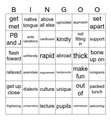 Vocabulary 9A Bingo Card