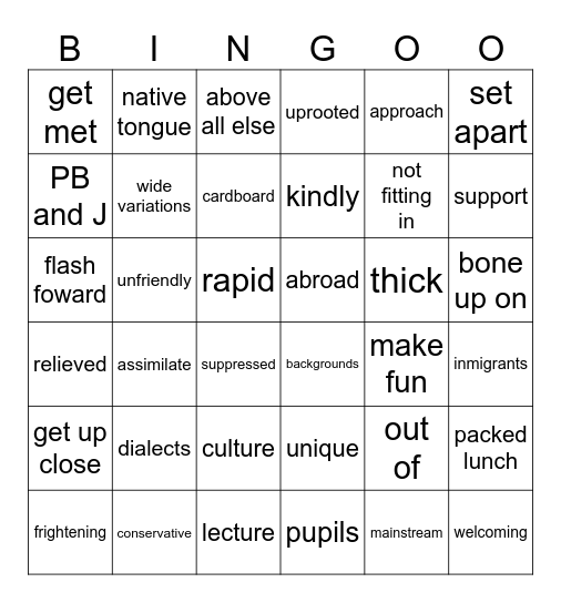 Vocabulary 9A Bingo Card