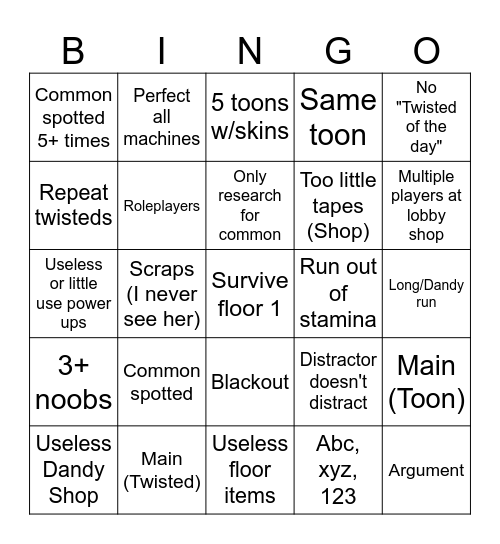 Dandy's World Bingo Card