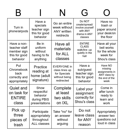 Positive Behavior Bingo (Week 3) Bingo Card