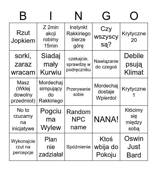 Debile D&D Bingo Card