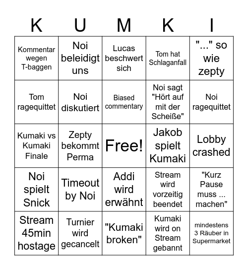 Kumaki Bingo Card