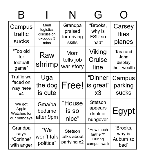 Weekend in Athens Bingo Card