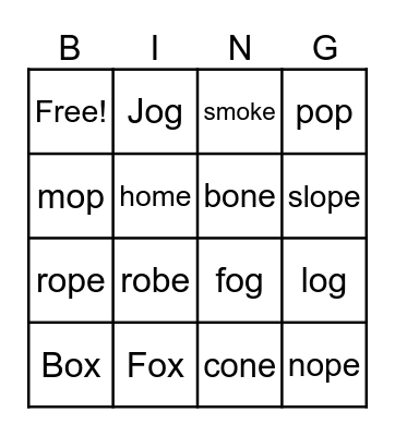 Short /o/ and Long /o/ Bingo Card