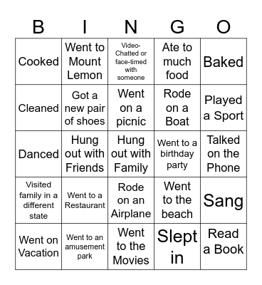 What did you do over break? Bingo Card