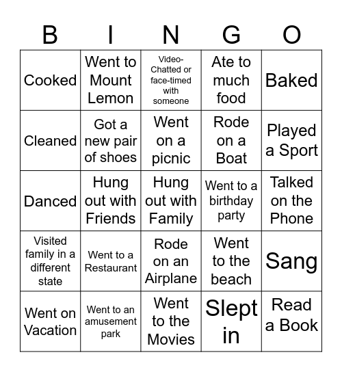 What did you do over break? Bingo Card