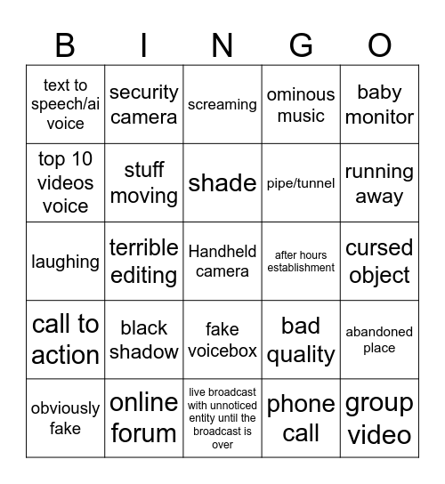 Scary Video Bingo Card