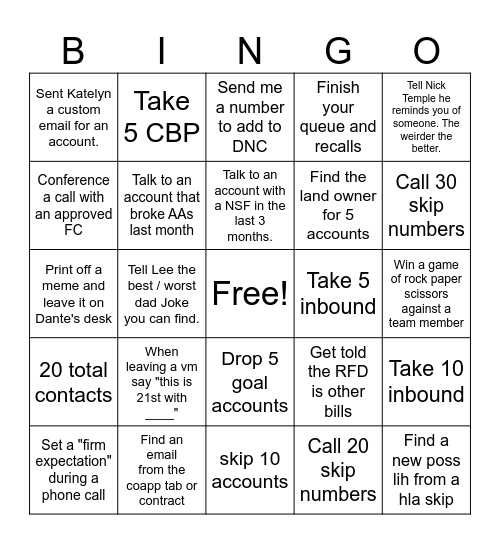 LATE Queue Drop Bingo (thanks Tony) Bingo Card