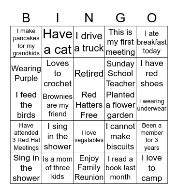 Red Hatters Bingo Card