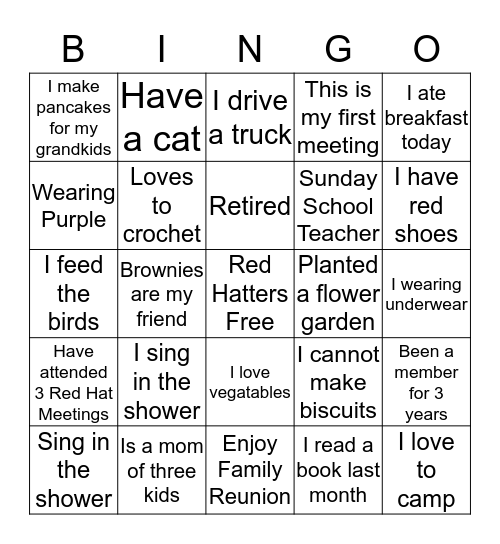 Red Hatters Bingo Card