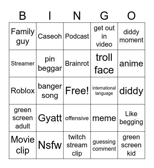 Yt shorts bingo Card