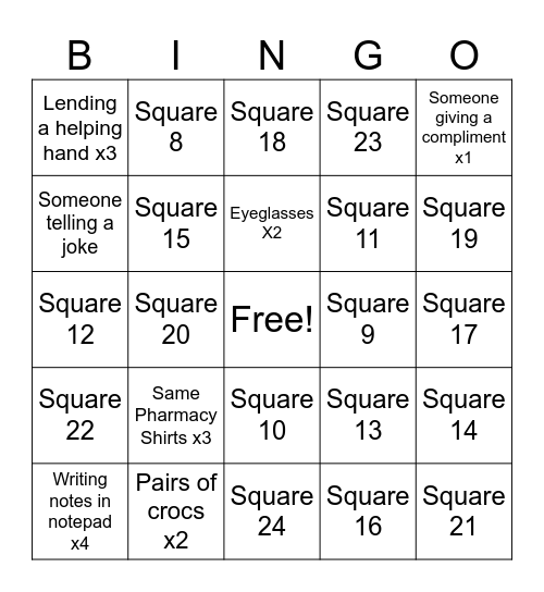 Pharmacy Bingo Card