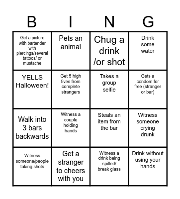 Bar Crawl Bingo Card