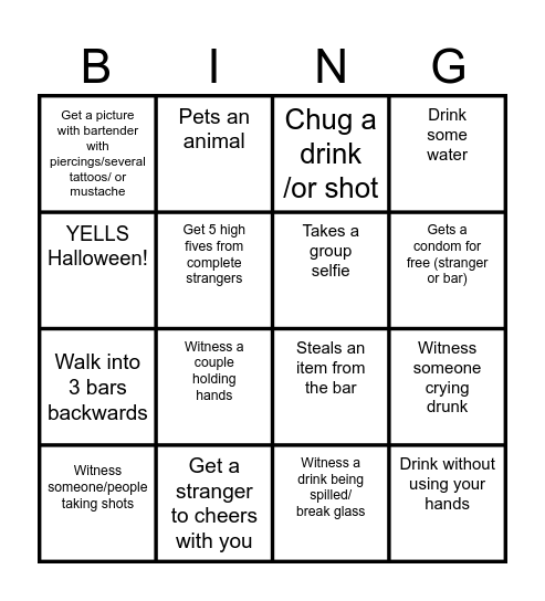 Bar Crawl Bingo Card