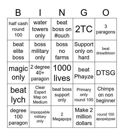 Bloons Aids Bingo Card