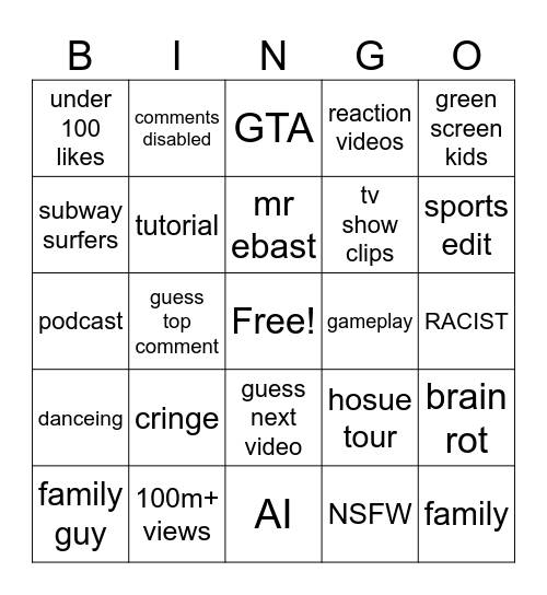 Youtube Shorts Bingo Card