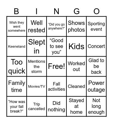 Fall Break Bingo Card