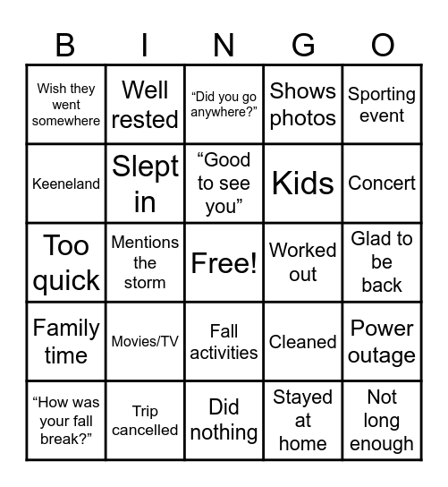 Fall Break Bingo Card