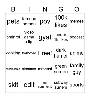 Instagram Bingo Card