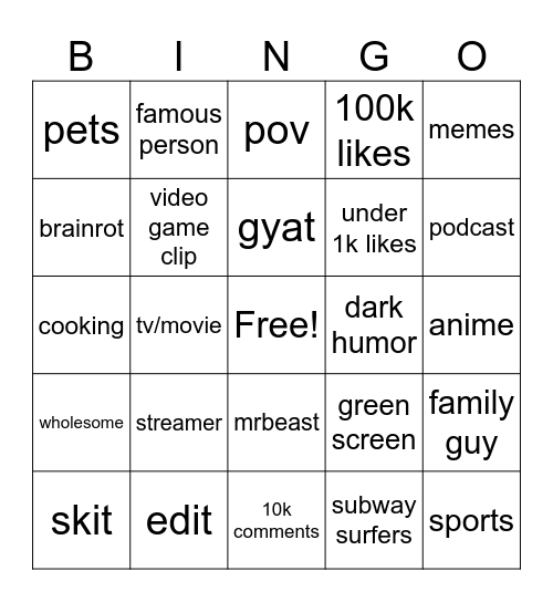 Instagram Bingo Card