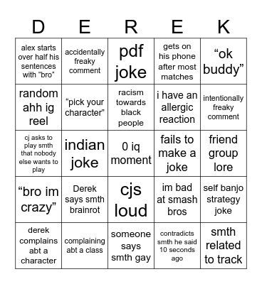 Derek’s house Bingo Card