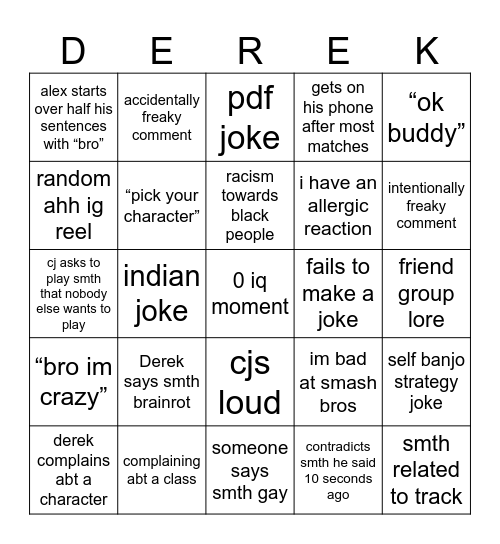 Derek’s house Bingo Card