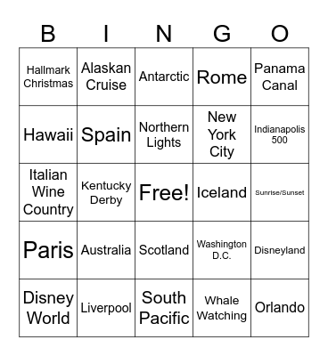 Travel Bucket List Bingo Card