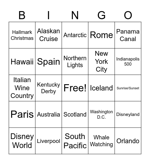 Travel Bucket List Bingo Card