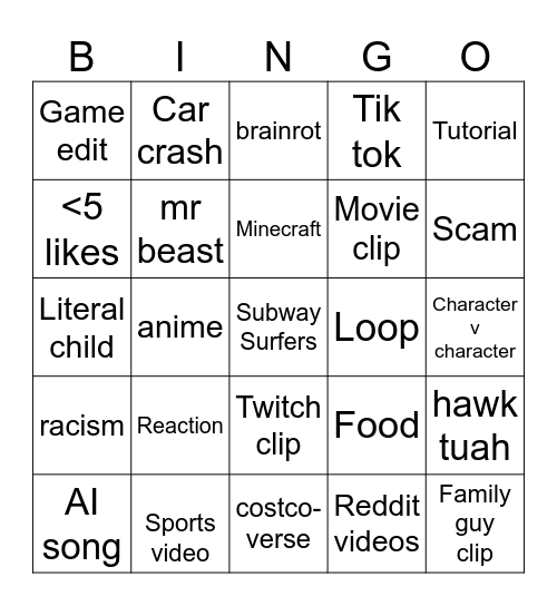 YouTube shorts Bingo Card