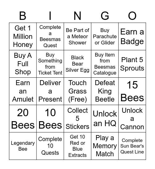 Bee Swarm Bingo Card