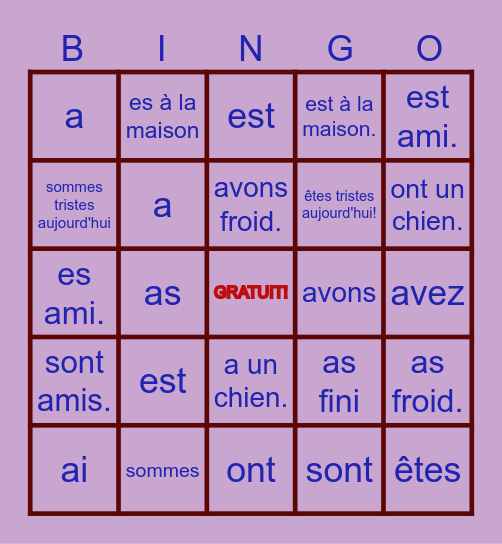 Les verbes ÊTRE et AVOIR Bingo Card