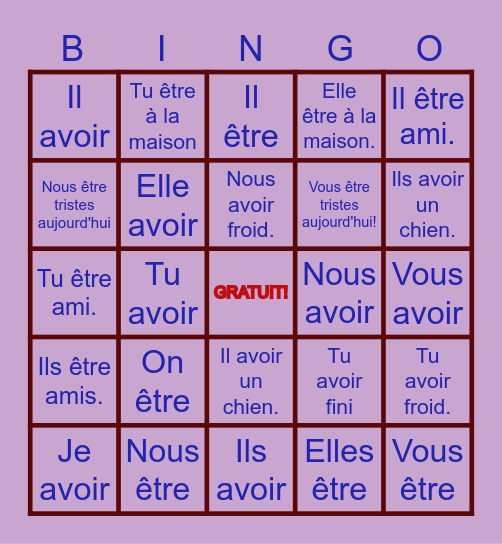 Les verbes ÊTRE et AVOIR Bingo Card