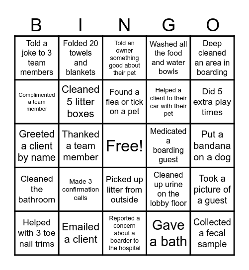 Boarding and Grooming Bingo Card