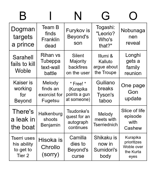 402 - 430 Predictions Bingo Card