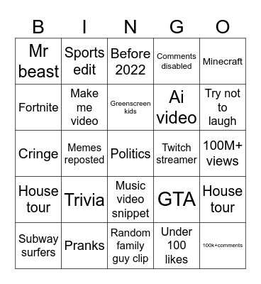 YouTube shorts Bingo Card