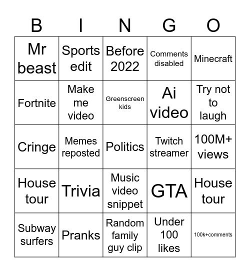 YouTube shorts Bingo Card