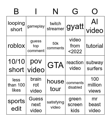 YouTube shorts bingo Card