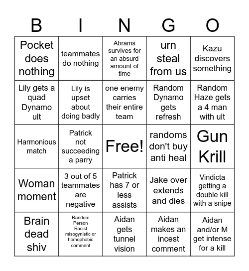 Deadlock Bingo Card