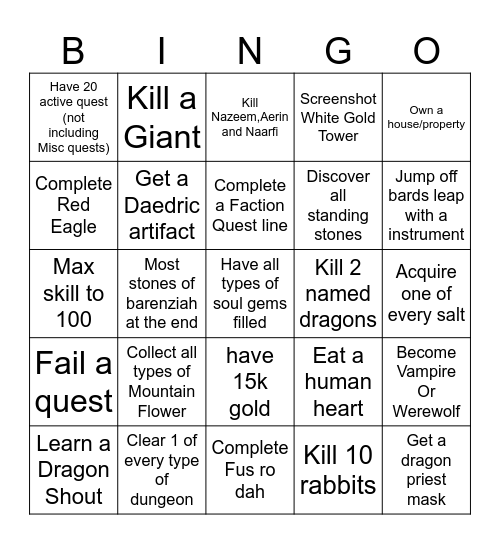 Skyrim Bingo Card