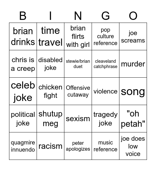 Fam Guy Bingo Card