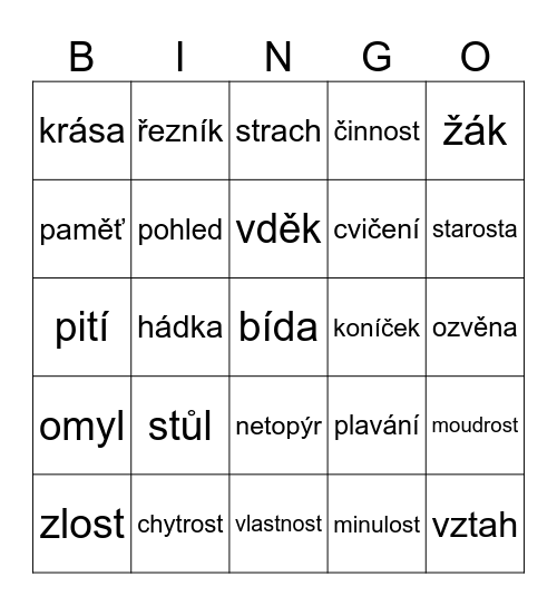 podstatná jména konkrétní x abstraktní Bingo Card