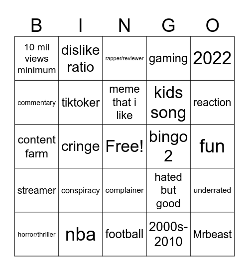 ]youtube feed Bingo Card