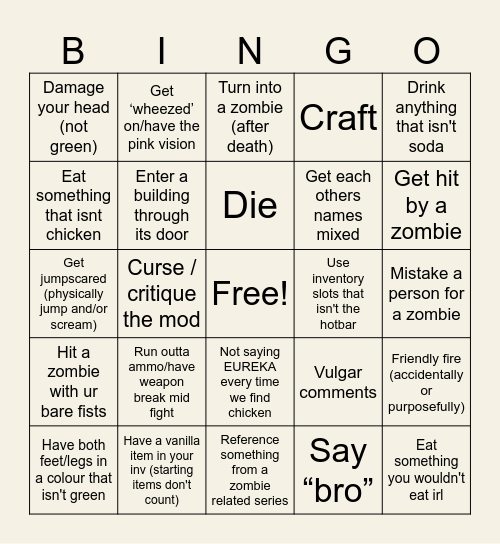 Zombone Bingo Card