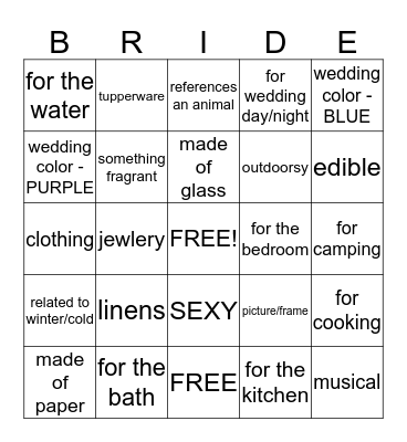 Cassie's Bridal Shower Bingo Card