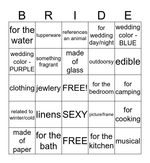 Cassie's Bridal Shower Bingo Card