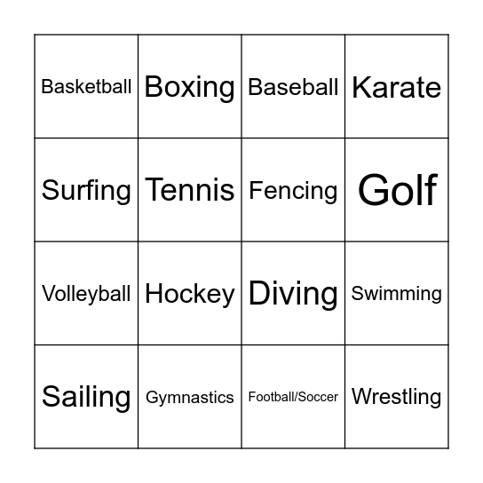 Olympic Sports Bingo Card