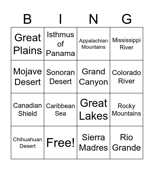 Physical Features of North America Bingo Card