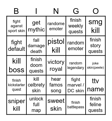 playing fortnite Bingo Card