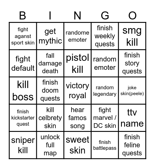 playing fortnite Bingo Card