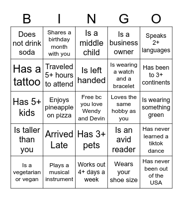 Get to know you Bingo Card